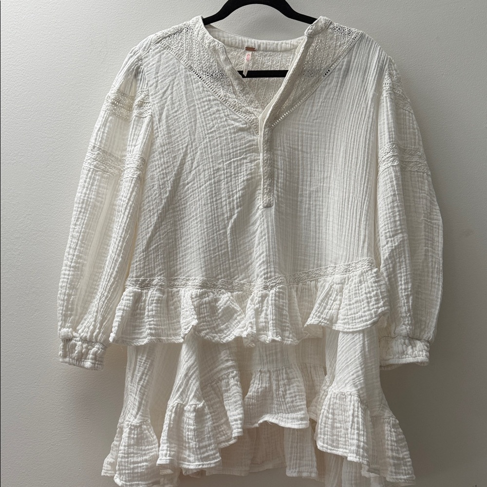 Free People White Ruffle Tunic Blouse - Size Small